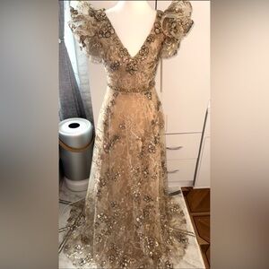 Mac Duggal Gold Floral Embellished Maxi Dress